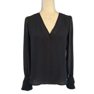 Express Womens Solid Black V Neck Long Sleeve Top Blouse Xs